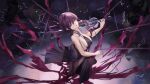  1girl absurdres alternate_costume ass bare_shoulders black_dress breasts cleavage crack cracked_glass dress highres honkai:_star_rail honkai_(series) instrument kafka_(honkai:_star_rail) long_hair looking_at_viewer medium_breasts nnn_(nonightnomad) purple_eyes purple_hair shattered sidelocks solo violin 