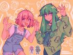  2girls battery_indicator blue_overalls candy closed_mouth dinosaur_print excited food green_hair heart highres holding_hands jacket jester kusanagi_nene light_smile lollipop long_hair long_sleeves looking_at_viewer low_tied_sidelocks multiple_girls ootori_emu open_mouth overalls pink_eyes pink_hair pink_shirt project_sekai purple_eyes robot shirt short_hair short_sleeves shy sidelocks strawberoni tareme twitter_username two_side_up yellow_background yuri 