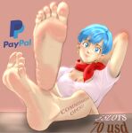  bare_legs barefoot bulma feet feet_on_table feet_up foot_focus highres no_shoes non-web_source sitting soles solo_focus toes 