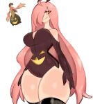  1girl bare_shoulders black_thighhighs cowboy_shot gourgeist hair_over_one_eye highres leotard long_hair monster_girl personification pink_hair pokemon pokemon_(creature) simple_background solo standing thick_thighs thighhighs thighs usa37107692 white_background yellow_eyes 