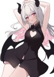  1girl armpits arms_behind_head arms_up ass_visible_through_thighs bare_arms bare_shoulders black_dress black_panties black_wings breasts cleavage_cutout closed_mouth clothing_cutout commentary demon_girl demon_horns demon_wings dress english_commentary grey_hair head_tilt heart_cutout highres hitsukuya horns long_hair looking_at_viewer multicolored_hair original panties pink_hair red_eyes simple_background sleeveless sleeveless_dress small_breasts smile solo thigh_gap two-tone_hair underwear very_long_hair white_background wings 