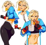  1girl 3amsoda absurdres antenna_hair black_choker black_gloves black_pants blonde_hair blue_eyes blue_jacket bracelet buttons cammy_white choker collared_jacket commentary cropped_jacket dot_nose eating food gloves hair_between_eyes highres jacket jewelry making_faces multiple_views navel pants scar scar_on_face short_hair simple_background solo street_fighter street_fighter_6 white_background yoga_pants 