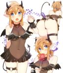  1girl :o arm_strap ass bare_shoulders black_horns black_panties blush breasts brown_leotard claw_pose cleavage covered_navel cowboy_shot demon_costume demon_horns demon_tail demon_wings eating fake_horns fake_tail fake_wings fang genderswap genderswap_(mtf) hand_up heart_o-ring highres horns large_breasts leaning_forward leotard link looking_at_viewer microskirt panties pointy_ears ponytail skindentation skirt tail the_legend_of_zelda the_legend_of_zelda:_tears_of_the_kingdom thigh_strap ttanuu. underwear wings 