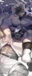  2boys abs absurdres bandaid bandaid_on_face bandaid_on_nose bara beard clothes_lift couple facial_hair foreplay from_above furry furry_with_furry grey_fur highres horns lap_pillow large_hands large_pectorals leg_grab leg_on_another&#039;s_shoulder lifted_by_another male_focus mature_male mole_hm multiple_boys multiple_horns muscular muscular_male navel one_eye_closed original pectorals shirt_lift short_shorts shorts smile socks spread_legs stomach strongman_waist thick_eyebrows tusks white_socks yaoi 