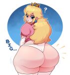  1girl ? ass blonde_hair blue_eyes crown dabble dress earrings elbow_gloves gloves highres huge_ass jewelry lips long_hair mario_(series) panties pink_dress princess_peach sphere_earrings thick_thighs thighhighs thighs underwear white_background white_gloves white_panties 