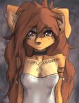  2023 anthro apogee_(tinygaypirate) breasts canid canine canis choker clothed clothing digital_media_(artwork) domestic_dog female female_anthro floppy_ears fur hair hi_res jewelry kemono long_hair looking_at_viewer mammal necklace nipple_outline off_shoulder piercing portrait small_breasts solo spitz tattoo tinygaypirate 