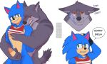  anthro balls blurau bodily_fluids bottomless canid canine canis clothed clothing dialogue duo genital_fluids genitals handjob hi_res male male/male mammal muscular muscular_male nipples penile penis precum reach_around sega sex sonic_the_hedgehog sonic_the_hedgehog_(series) speech_bubble tears wolf 