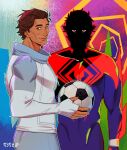  1boy 535zip absurdres artist_name ball bodysuit brown_hair feet_out_of_frame happy highres jacket looking_at_viewer male_focus manly marvel mature_male miguel_o&#039;hara multicolored_background muscular muscular_male red_eyes shaded_face short_hair signature smile soccer_ball solo spider-man:_across_the_spider-verse spider-man_(2099) spider-man_(series) tight_clothes upper_body 