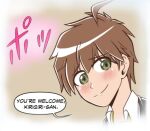  1boy ahoge blush brown_hair collared_shirt danganronpa_(series) danganronpa_3_(anime) english_text green_eyes male_focus naegi_makoto portrait rubixkun_(capnii) shirt short_hair solo speech_bubble translation_request white_shirt 