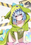 1girl absurdres blue_hair blurry blurry_background caution_tape closed_mouth collarbone commission dinosaur_costume dinosaur_hood dinosaur_tail green_hoodie highres hood hoodie indie_virtual_youtuber leaning_forward long_hair nanobites purple_eyes sign solo tail valefal_coneri warning_sign 