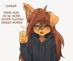  2023 5_fingers anthro apogee_(tinygaypirate) brown_hair canid canine canis clothed clothing dialogue domestic_dog ear_piercing english_text eye_piercing eyes_closed female fingers hair hi_res hoodie inner_ear_fluff long_hair mammal one_ear_up open_mouth piercing raised_hand simple_background solo text tinygaypirate topwear tuft white_background 