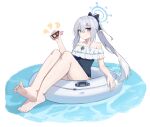  1girl absurdres bare_shoulders barefoot blue_archive blue_halo blue_one-piece_swimsuit blue_ribbon cellphone closed_mouth commentary_request feet frilled_one-piece_swimsuit frills grey_hair hair_between_eyes hair_ribbon halo happy05x highres holding holding_phone legs long_hair looking_at_viewer miyako_(blue_archive) miyako_(swimsuit)_(blue_archive) off-shoulder_one-piece_swimsuit off_shoulder official_alternate_costume on_innertube one-piece_swimsuit phone ponytail purple_eyes ribbon simple_background smartphone smile soles solo swimsuit toes two-tone_one-piece_swimsuit white_background white_innertube 