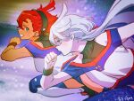  2girls battle_athletes black_wristband commentary_request dark-skinned_female dark_skin dated expressionless green_eyes grey_eyes gundam gundam_suisei_no_majo haun midair miorine_rembran multiple_girls red_hair running suletta_mercury sweat white_hair 