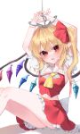  1girl absurdres adapted_costume armpits arms_up ascot ass back_bow bangs bdsm blonde_hair blush bondage bound bound_wrists bow breasts chain chained crystal cuffs detached_sleeves eyes_visible_through_hair feet_out_of_frame flandre_scarlet hair_between_eyes highres long_hair looking_at_viewer midriff navel no_headwear one_side_up open_mouth petticoat pointy_ears red_bow red_eyes red_skirt rori82li shackles short_sleeves simple_background sitting skirt small_breasts solo thighs touhou vest white_background white_bow wings yellow_ascot 