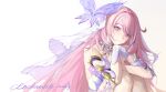  1girl absurdres bare_shoulders breasts bug butterfly detached_sleeves elysia_(herrscher_of_human:ego)_(honkai_impact) elysia_(honkai_impact) highres honkai_(series) honkai_impact_3rd large_breasts long_hair looking_at_viewer pink_eyes pink_hair simple_background smile solo tutou_jiang very_long_hair white_background white_headdress 