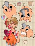  1boy :d ^_^ aged_down blonde_hair blood blood_on_clothes blood_on_face blush bread chainsaw chainsaw_man closed_eyes denji_(chainsaw_man) facing_viewer food full_body handle heart highres holding jam looking_at_viewer male_focus multiple_views open_mouth pochita_(chainsaw_man) poin_(goruchopame) pull_cord sharp_teeth shirt short_hair sleeveless sleeveless_shirt smile teeth tongue tongue_out upper_body white_shirt 