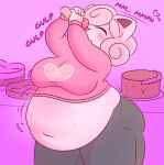  anthro belly big_belly big_breasts blush bottomwear box_of_chocolates breasts butt cake candy chocolate clothing dessert eating eyes_closed female food generation_1_pokemon hair hi_res huge_breasts huge_thighs jigglypuff motion_lines navel nintendo obese obese_anthro obese_female overweight overweight_anthro overweight_female pants pink_body pink_hair pokemon pokemon_(species) rumbling_stomach shirt solidswiig solo sound_effects stuffing text thick_thighs topwear weight_gain 