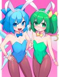  2girls animal_ears bare_shoulders blue_bow blue_bowtie blue_eyes blue_hair blue_leotard border bow bowtie brown_pantyhose cirno commission covered_navel cowboy_shot daiyousei detached_collar fairy_wings flat_chest green_eyes green_hair green_leotard hair_bow highres ice ice_wings leotard multiple_girls nirato_shungiku pantyhose pink_background playboy_bunny rabbit_ears rabbit_tail short_hair side_ponytail standing tail touhou two-tone_background white_border wings wrist_cuffs yellow_bow yellow_bowtie 