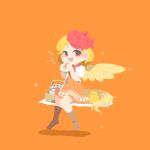  1girl animal bird bird_tail bird_wings blonde_hair blush_stickers boots brown_footwear chick dress feathered_wings food full_body highres holding holding_food multicolored_hair niwatari_kutaka no_lineart open_mouth orange_background orange_dress picnic_basket red_eyes red_hair sandwich shinsei_tomato short_hair short_sleeves simple_background smile solo tail touhou two-tone_hair wings yellow_wings 