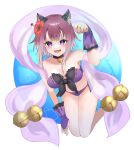  1girl :3 :d animal_ear_fluff animal_ears bare_shoulders bell bikini blush breasts cat_ears cat_girl commentary_request fangs fangs_out flower full_body hair_flower hair_ornament highres jingle_bell looking_at_viewer navel official_alternate_costume open_mouth princess_connect! purple_bikini purple_eyes ribbon-trimmed_bikini shiroue_tomari short_hair smile solo swimsuit tamaki_(princess_connect!) tamaki_(summer)_(princess_connect!) white_background 