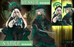 2girls arknights ascot black_dress black_eyes blonde_hair boots braid centurii-chan_(artist) closed_mouth coat coat_on_shoulders colored_eyelashes commentary dress english_commentary english_text gacha gauntlets glasses gloves green_eyes green_gloves grey_hair hand_on_own_hip highres holding holding_sword holding_weapon long_hair long_sleeves looking_at_viewer multiple_girls original puffy_long_sleeves puffy_sleeves saber_(weapon) sheath sword thigh_sheath thighhighs weapon 