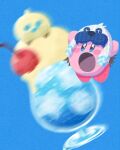  blue_background blue_eyes blush_stickers cherry commentary_request copy_ability drink food food_focus frosty_ice_kirby fruit highres ice ice_cream ice_cream_float ice_cube kirby kirby_(series) miclot mr._frosty no_humans open_mouth simple_background smile 