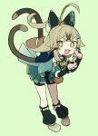  +_+ 1girl :3 :d ahoge bike_shorts blush cat_girl cat_tail chibi commentary do_m_kaeru fang full_body genshin_impact green_background green_eyes hair_ornament kirara_(genshin_impact) leg_warmers light_brown_hair long_hair multiple_tails paw_pose simple_background smile solo symbol-only_commentary tail x_hair_ornament 