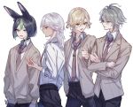  4boys alhaitham_(genshin_impact) alternate_costume animal_ears aqua_eyes belt black_belt black_hair black_pants blazer blonde_hair brown_eyes brown_hair brown_jacket brown_necktie brown_sweater collared_shirt cyno_(genshin_impact) fox_boy fox_ears genshin_impact green_eyes green_hair grey_hair highres jacket kaveh_(genshin_impact) long_sleeves male_focus multicolored_eyes multicolored_hair multiple_boys necktie nofuyurio pants red_eyes school_uniform shirt sweater tan tighnari_(genshin_impact) white_hair white_shirt 