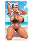  1girl absurdres ahsoka_tano alien artist_name beach bikini black_bra black_panties blue_eyes blue_sky bra breasts highres huge_breasts kneeling ocean outdoors panties sky solo sparky_(sparky4rt) star_wars swimsuit togruta underwear watermark 