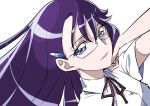  1girl absurdres arm_up blue_eyes collared_shirt glasses hair_ornament hairclip heartcatch_precure! highres light_smile long_hair looking_at_viewer precure purple_hair red_ribbon ribbon rimless_eyewear school_uniform shirt short_sleeves simple_background solo tsukikage_oyama tsukikage_yuri upper_body white_background 