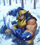  1boy blue_footwear blue_gloves boots claws gloves marvel mask max_grecke muscular muscular_male outdoors snow snowing teeth wolverine x-men 