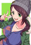  1girl blush border breasts brown_hair cleavage collarbone doriyamatsurugi earrings from_above fur-trimmed_jacket fur_trim green_background green_eyes green_jacket grey_headwear hand_up highres idolmaster idolmaster_cinderella_girls idolmaster_cinderella_girls_starlight_stage jacket jewelry knit_hat large_breasts long_hair long_sleeves looking_at_viewer necklace open_clothes open_jacket open_mouth outside_border ponytail purple_shirt shirt smile solo teeth upper_teeth_only w white_border yamato_aki 