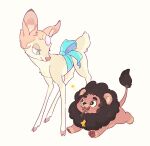  1boy 1girl animal animal_focus animalization blue_eyes blue_ribbon brown_eyes deer full_body highres hua_hua_de_meme lion looking_at_another pearl_(steven_universe) red_fur ribbon star_(symbol) steven_quartz_universe steven_universe yellow_background yellow_fur 