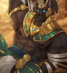  2023 abs absurd_res anthro anubian_jackal arm_wraps armband armor armpit_hair barazoku bedroom_eyes biceps big_bulge big_muscles body_hair bottomwear bulge canid canine canis claws clothed clothing deltoids fur gem gold_(metal) headdress headgear helmet hi_res huge_muscles jackal league_of_legends licking licking_lips licking_own_lips loincloth looking_at_viewer lying male mammal muscular muscular_anthro muscular_male narrowed_eyes nasus_(lol) nipples obliques on_back pecs riot_games rock seductive serratus smile solo text tongue tongue_out topless topless_anthro topless_male tuft url vein wraps wulfer-shepherd 