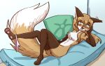  anthro averi_(fiddleafox) brown_body brown_fur canid canine clothed clothing clothing_around_one_leg dipstick_tail female female_anthro fox fur gloves_(marking) green_eyes hair leg_markings looking_at_viewer lying mammal markings mattress on_back panties panties_around_one_leg panties_down partially_clothed pillow smile socks_(marking) solo suggestive tail tail_markings thighlordash underwear underwear_around_one_leg underwear_down white_body white_fur 