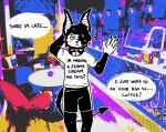  abstract_background anthro bar bat bottomwear clothing collar dialogue english_text gesture hair hair_over_eye half-closed_eyes male mammal narrowed_eyes one_eye_obstructed psychedelic_background shirt shorts sinsquest solo spade_tail speech_bubble spiked_collar spikes t-shirt tail text topwear waving 