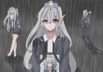  3girls absurdres alternate_costume black_shirt blank_eyes crying crying_with_eyes_open drinking duel_monster expressionless facepalm formal full_body grey_hair highres holding holding_photo iei lock looking_at_viewer mourning multiple_girls photo_(object) rain shirt short_hair solo suit tearlaments_havnis tearlaments_kitkallos tearlaments_merrli tearlaments_scheiren tears tiara veil yellow_eyes yu-gi-oh! yu-gi-oh!_master_duel zuzu_(user_ntpx2584) 