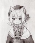  1girl :&lt; animal_ears belt beret blush bone_71 bow buttons cat_ears cat_girl coefont commentary_request crossed_bangs dress expressionless greyscale hair_bow hat highres jacket jacket_partially_removed looking_at_viewer monochrome neck_ribbon neko_no_sayo neta open_clothes open_jacket painting_(medium) parody photo-referenced pinafore_dress ribbon shirt short_hair simple_background sleeveless sleeveless_dress solo traditional_media upper_body voicevox watercolor_(medium) yosano_akiko_(real_life) 