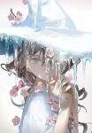 1girl absurdres aq_ll brown_eyes brown_hair flower hair_flower hair_ornament hat highres ice icicle looking_at_viewer one_eye_covered original own_hands_clasped own_hands_together portrait simple_background snow solo spring_(season) white_background winter witch_hat 