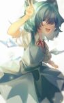  1girl :d blue_bow blue_dress blue_hair bow cirno collared_shirt commentary detached_wings dress green_eyes hair_bow highres ice ice_wings looking_at_viewer mirawi open_mouth shirt short_hair short_sleeves simple_background smile solo touhou v white_background white_shirt wings 