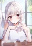 1girl blush closed_mouth cup feathered_wings grey_hair kishin_sagume looking_at_viewer niko_kusa red_eyes shirt short_hair short_sleeves single_wing smile solo touhou white_shirt white_wings wings 