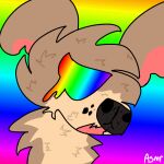  1:1 :0 alfred_alfer asmrx bodily_fluids brown_body brown_fur canid canine canis crying domestic_dog feral fluffy fur hi_res male mammal multicolored_body multicolored_eyes multicolored_fur open_mouth rainbow_background rainbow_eyes simple_background solo tears tuft watermark 