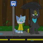  2023 anthro blue_eyes blue_scarf bus_stop_sign canid canine clothed clothing coat eeveelution feet feral forest forest_background fox fur generation_2_pokemon grass green_eyes hi_res mammal nature nature_background nintendo paws plant pokemon pokemon_(species) raindrop raining road scarf topwear tree umbrella umbreon unknown_artist yellow_clothing yellow_coat yellow_raincoat yellow_topwear 