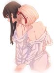  2girls bare_shoulders black_hair blonde_hair blush bob_cut breasts closed_mouth cropped_torso dress_shirt from_behind futaba_(rei-futaba) hair_ribbon hand_on_own_shoulder highres holding_hands hug hug_from_behind inoue_takina long_hair long_sleeves lycoris_recoil multiple_girls nishikigi_chisato off_shoulder one_side_up parted_lips partially_undressed puffy_sleeves purple_eyes red_ribbon ribbon scar scar_on_back scar_on_shoulders shirt short_hair sidelocks simple_background undressing white_background white_shirt yuri 
