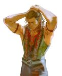  1boy absurdres alternate_muscle_size arm_up armpit_hair armpits baldur&#039;s_gate baldur&#039;s_gate_3 bara braid brown_hair chest_hair closed_eyes cowboy_shot creamyghost dark-skinned_male dark_skin dungeons_and_dragons elf halsin highres male_focus mature_male medium_hair pectoral_cleavage pectorals pointy_ears solo tattoo thick_eyebrows toned toned_male tying_hair 