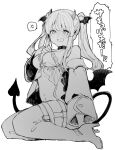  1girl anger_vein anna_(ikeuchi_tanuma) arm_at_side bare_shoulders blush boots breasts commentary_request demon_horns demon_tail demon_wings embarrassed fake_horns fake_tail fake_wings from_side greyscale hand_on_own_chest high_heels horns ikeuchi_tanuma legs_together long_bangs long_hair looking_at_viewer medium_breasts monochrome nose_blush open_mouth original sidelocks simple_background sitting solo spoken_anger_vein tail thigh_boots twintails v-shaped_eyebrows white_background wings 