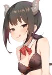  1girl black_bra black_hair blush bra breasts closed_mouth demon_horns detached_collar fubuki_(kancolle) highres horns kantai_collection medium_breasts red_eyes sakieko short_hair short_ponytail simple_background smile solo tongue tongue_out underwear upper_body white_background 