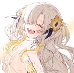  1girl abyssitanuki bare_shoulders blonde_hair closed_eyes dress facing_viewer flower grey_hair hair_flower hair_ornament hair_over_one_eye isekai_joucho kamitsubaki_studio long_hair multicolored_hair open_mouth simple_background smile solo strapless strapless_dress teeth two-tone_hair upper_body virtual_youtuber white_background yellow_dress yellow_flower 