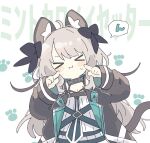  &gt;_&lt; 1girl animal_ear_fluff animal_ears arknights black_collar black_jacket black_ribbon blush cat_ears cat_girl cat_tail closed_eyes closed_mouth collar commentary_request facing_viewer fingersmile grey_hair hair_ribbon highres infection_monitor_(arknights) jacket long_hair long_sleeves mint_(arknights) naguru_(cyoroama) ribbon simple_background sleeves_past_wrists solo tail upper_body white_background wide_sleeves 