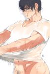  1boy bara black_hair bottomless closed_mouth golden_kamuy large_pectorals male_focus male_pubic_hair muscular muscular_male naked_shirt navel onnomono pectorals pubic_hair scar scar_on_arm scar_on_cheek scar_on_face scar_on_mouth scar_on_nose shirt short_hair simple_background solo sugimoto_saichi wet wet_clothes wet_face wet_shirt white_background white_shirt 